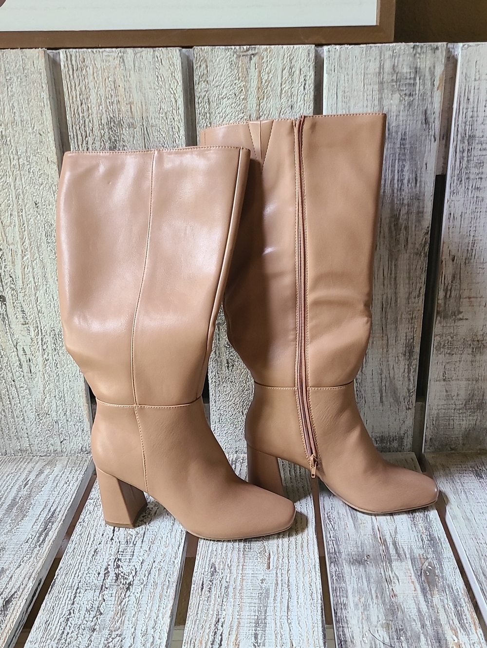 Sugar Knee-High Tan Block Heel Boots